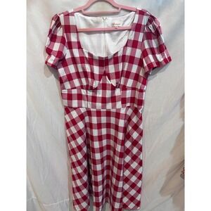 GOOBGS Red White Gingham Plaid Square Neck Puff Sleeve Fit Flare Dress XL